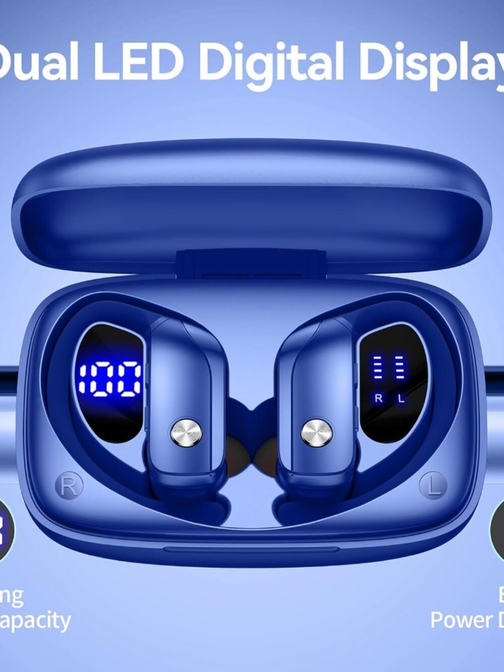Blue Wireless Earbuds Bluetooth LED Display Ear-hooks Built-in Mic Headset - Picture 3 of 6